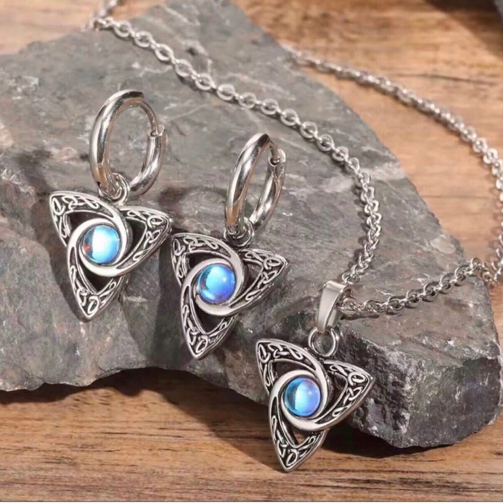 Silver Celtic Triangle Moonstone Pendant Necklace and Earrings Set